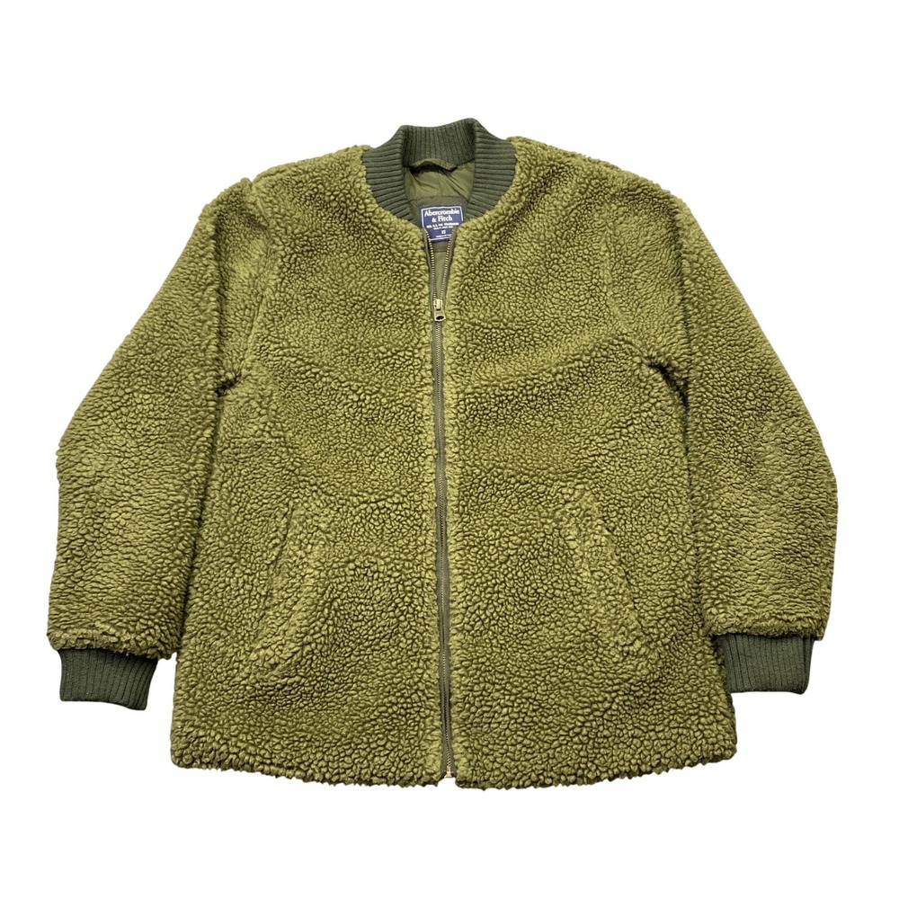 Abercrombie & Fitch Womens‎ XS Sherpa Fleece Bomber Jacket Olive Green Zip Up
